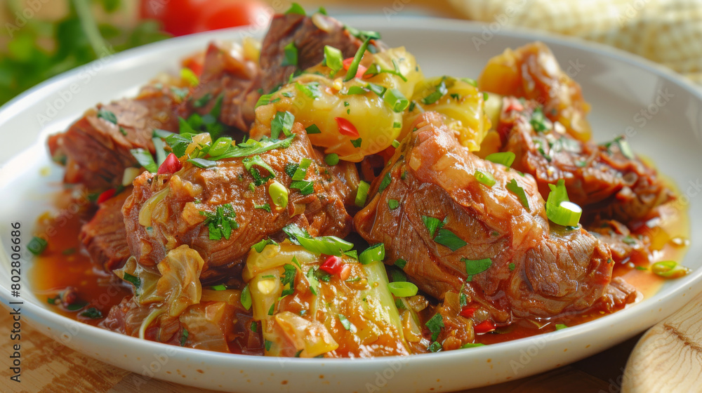 Classic jamaican oxtail stew with aromatic herbs and spices, topped with scallions and presented in a white bowl Classic jamaican oxtail stew with aromatic herbs and spices, topped with scallions and presented in a white bowl
