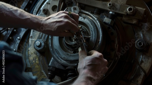 Bearing replacement on heavy machinery, detailed focus, indoor light, close-up on hands and parts 