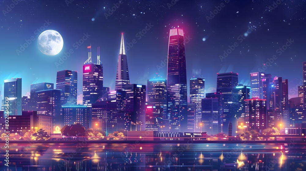 Fototapeta premium Dazzling Metropolis Vibrant Cityscape with Iconic Landmarks and Glimmering Nighttime Skyline