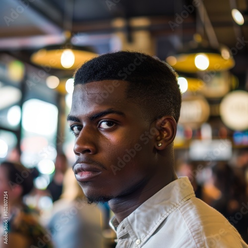 A young Black man in a coffee shop, his thoughtful expression highlighted against a blurred backdrop of bustling patrons. 