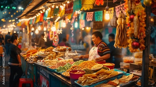 Colorful Mexican Street Food Market At Night, Festive Cinco de Mayo Decorations, Assortment Of Traditional Foods, Buzzing With Activity, AI Generated photo