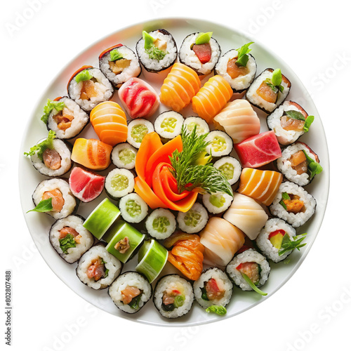 Sushi rolls on tray isolated on transparent background.