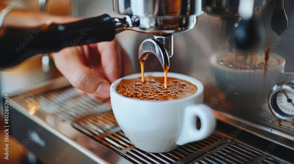 Coffee brewed in a professional coffee maker is poured into a glass. Coffee brewed in a professional coffee maker is poured into a glass.