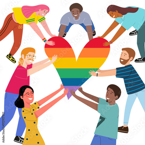 Hands holding a lgbt rainbow heart. 
LGBT pride month celebrations concept. Illustration, Poster, Vector, Background or wallpaper.