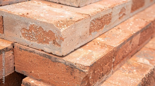 Close-up of a stack of bricks at a construction site, detailed textures, clear and sharp