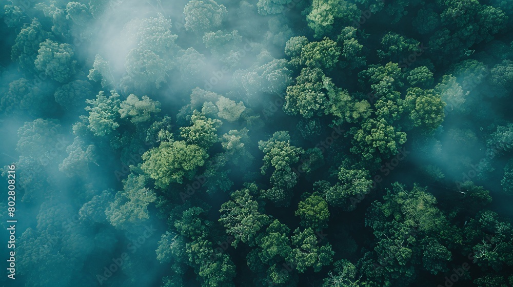 Aerial view of a Dense canopy, vibrant biodiversity, misty landscapes.