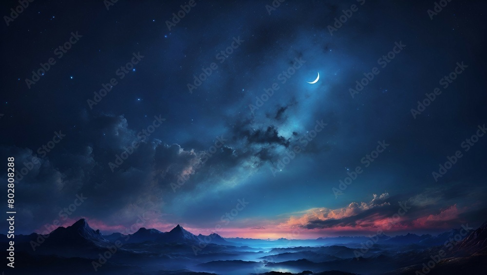 Fantastic night sky with moon and stars. Panoramic background