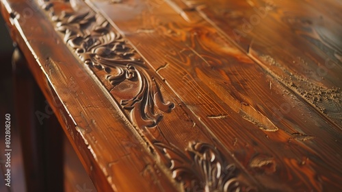 Close-up of restoring antique wood furniture, detailed sanding, clear wood grain 