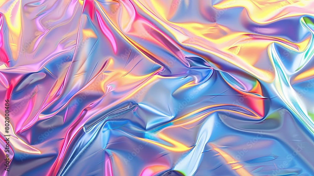 Vibrant surface of crumpled holographic material with a shiny, Foil Texture.