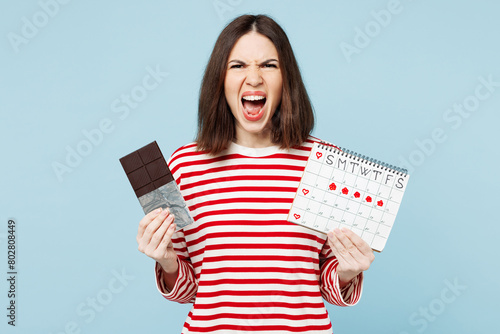Young angry mad woman she wears red casual clothes eat sweet chocolate bar hold female periods pms calendar checking menstruation days isolated on plain blue background. Medical gynecological concept. photo