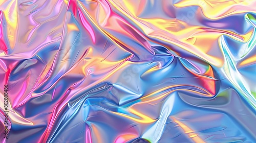 Vibrant surface of crumpled holographic material with a shiny, Foil Texture. © Beautiful