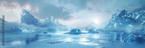 icebergs floating in the ocean with mountains in the background
