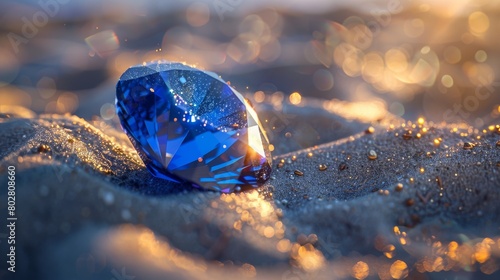 blue sapphire lying on sand, cinematic lighting, subsurface glow photo