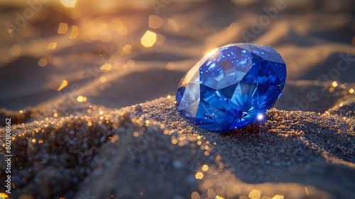 blue sapphire lying on sand, cinematic lighting, subsurface glow photo