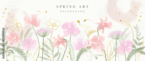 Abstract floral art background vector. Botanical watercolor hand drawn flowers paint brush line art. Design illustration for wallpaper, banner, print, poster, cover, greeting and invitation card.