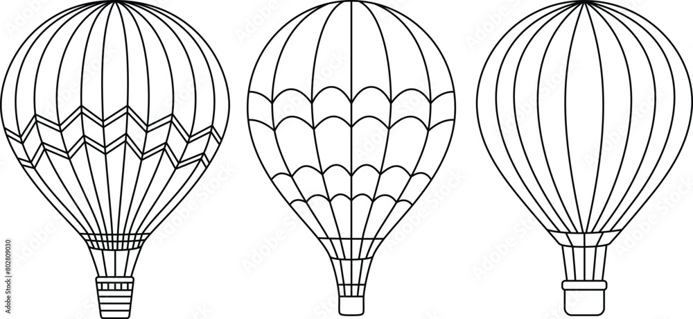 Set of cute hot air balloons cartoon coloring page vector illustration. Summer coloring page for kids