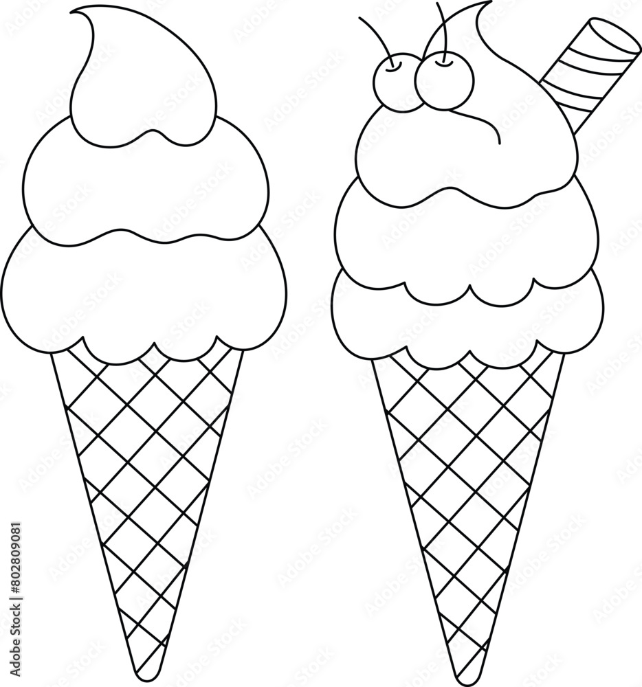 Set of cute ice cream cartoon coloring page vector illustration. Summer ...