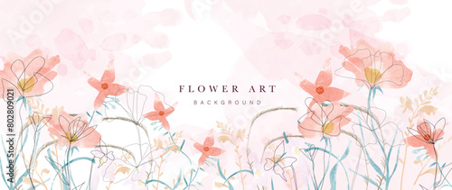 Abstract floral art background vector. Botanical watercolor hand drawn flowers paint brush line art. Design illustration for wallpaper, banner, print, poster, cover, greeting and invitation card.