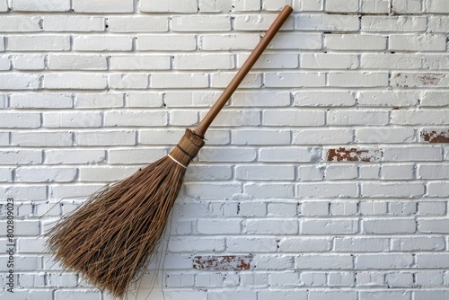 Wallpaper Mural Simple image of a broom leaning against a white brick wall. Suitable for household or cleaning concepts Torontodigital.ca