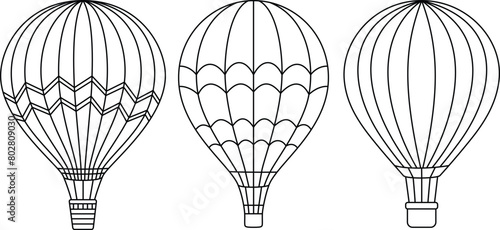 Set of cute hot air balloons cartoon coloring page vector illustration. Summer coloring page for kids