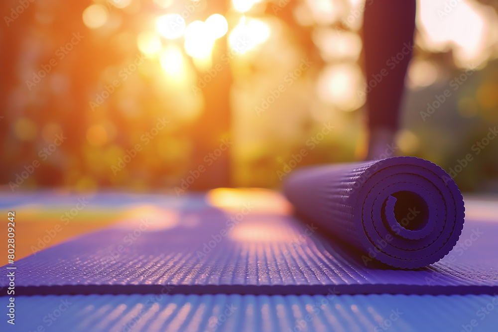 : Close up of a yoga mat with a woman in the background doing a yoga pose, sunlight shining through, focused on the closeup of the yoga mat with copy space, a pastel color combination of purple, yello : Close up of a yoga mat with a woman in the background doing a yoga pose, sunlight shining through, focused on the closeup of the yoga mat with copy space, a pastel color combination of purple, yello