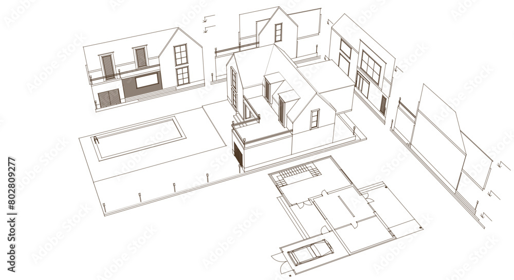 house architectural project sketch 3d illustration
house architectural project sketch 3d illustration
