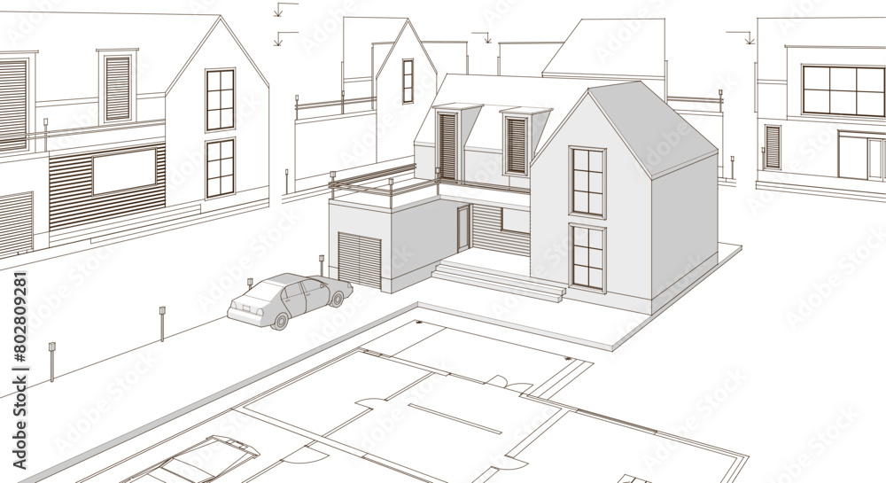 Fototapeta premium house architectural project sketch 3d illustration 