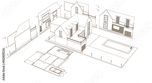 house architectural project sketch 3d illustration 