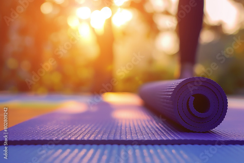 : Close up of a yoga mat with a woman in the background doing a yoga pose, sunlight shining through, focused on the closeup of the yoga mat with copy space, a pastel color combination of purple, yello photo
