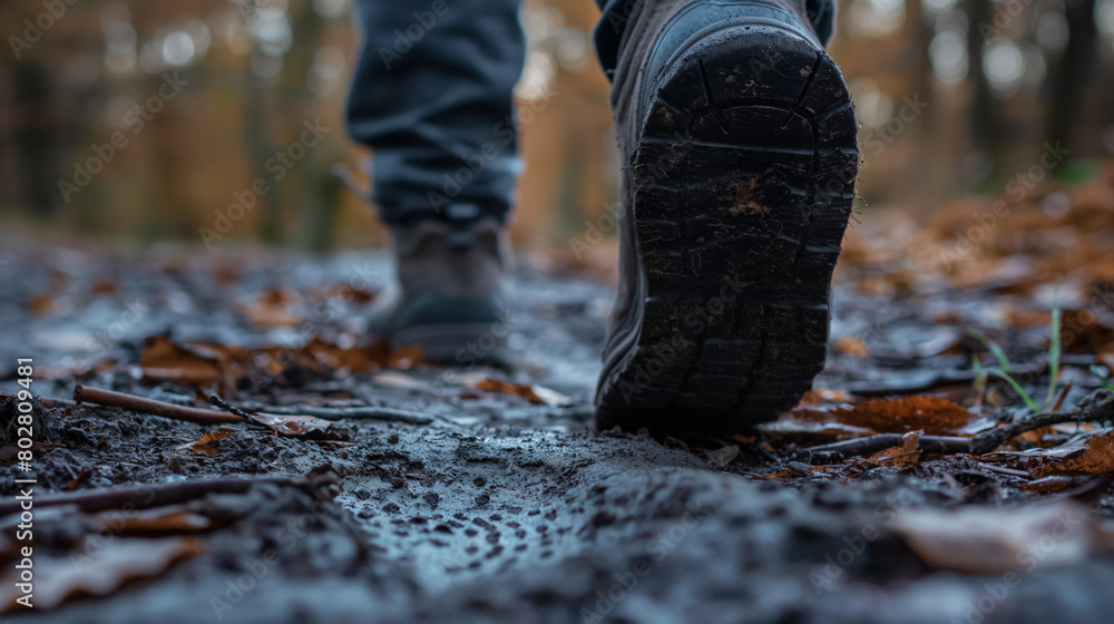 Muddy hiking boot stepping forward on a leaf-covered forest trail, emphasizing the gritty reality of outdoor exploration.
