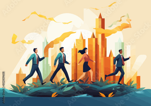 Young professionals in business suits racing up rising graph toward trophy - business growth, career success, teamwork, achieving targets through strategy