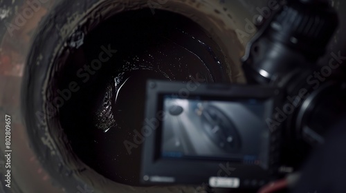 Close-up of a sewer inspection camera entering a drain, detailed view of the monitor