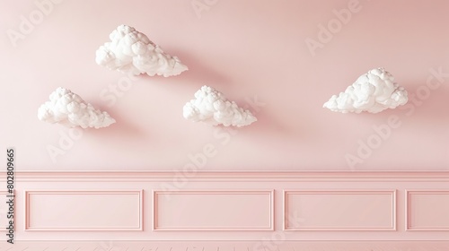 light pink, simple crown molding wall, simple clouds floating,  photo