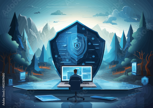 Cyber Security Protection Shield for Safe Networks | Man Shielding Laptop From Online Threats | Digital Privacy & Encryption Concept | Male Professional Protecting From Cyber Attacks