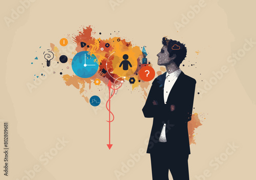 Confident Businessman Exhibiting Soft Skills: Networking, Empathy, Time Management, Communication, Problem-Solving, Creativity - Minimalist Vector
