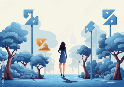 Confused Businesswoman Deciding Career Path: Opportunity vs Challenge - Minimalistic Vector of Woman Making Tough Choice Towards Success or Problem