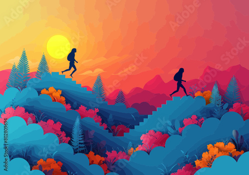 Ambitious professional running up career ladder graph to reach management goals, vector concept depicting employee growth, development and engaged workforce striving for success