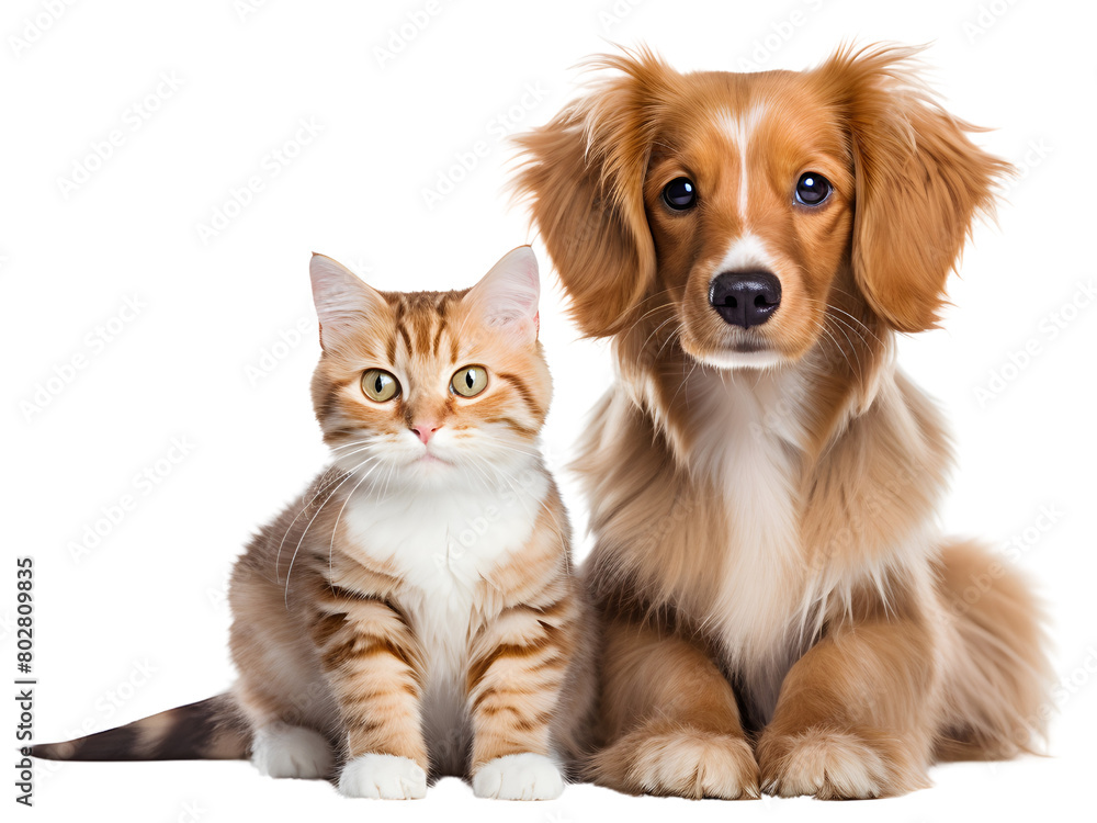 cute little cat and puppy sitting together looking in the camera 