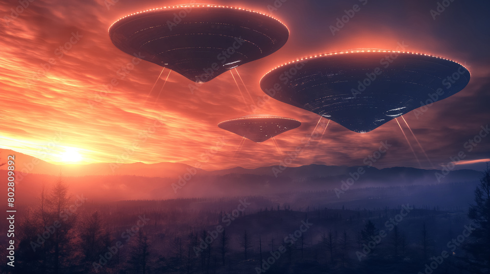Three UFOs hover above a misty, forested landscape under a dramatic, fiery sunset sky, creating an eerie and otherworldly scene. Three UFOs hover above a misty, forested landscape under a dramatic, fiery sunset sky, creating an eerie and otherworldly scene.