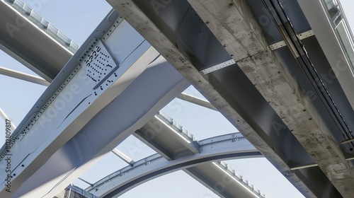 Construction of a highway overpass  close-up on structural steel  detailed and clear 
