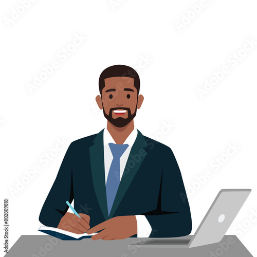 Young black man sit at desk working on laptop making notes on paper. Flat vector illustration isolated on white background
