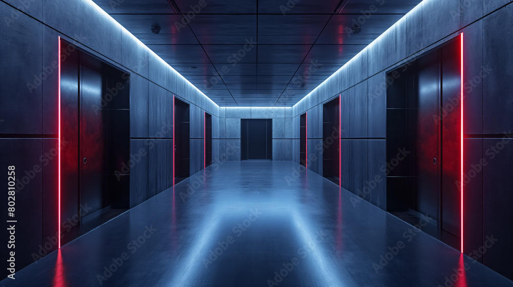 Sleek, modern corridor featuring sharp architectural lines and dramatic red lighting, creating an intense and futuristic atmosphere.