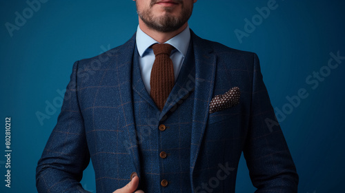 Confident and well-dressed man poses in a sharp blue checkered suit, complete with a tie and pocket square, portraying a sense of style and professionalism.