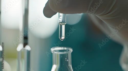 Water quality testing, close-up of a sample being collected, detailed vial, clear labeling