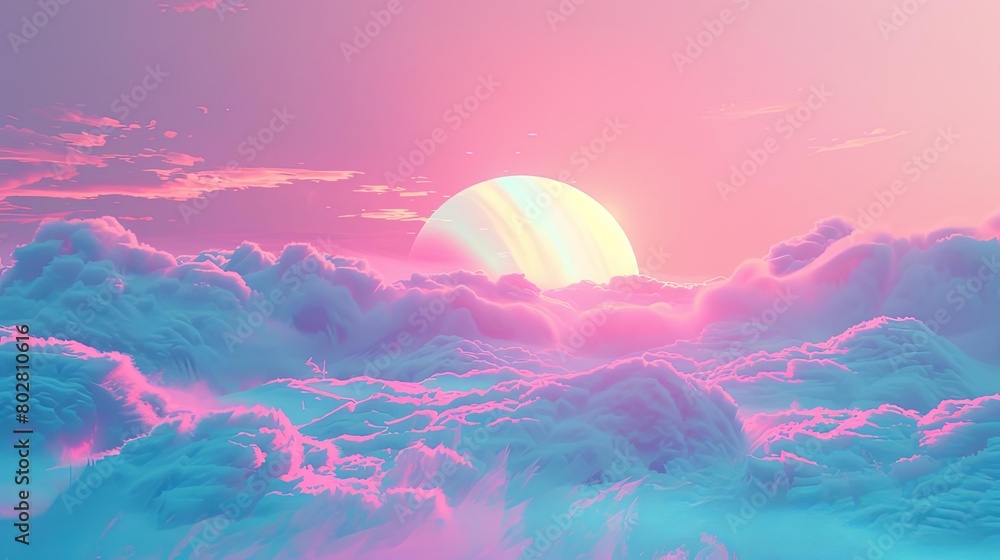 a stunning sunset over a mountainous landscape, with a white cloud and pink sky in the foreground,