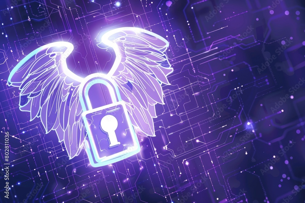 A unique padlock with wings placed on a circuit. Ideal for cybersecurity concepts A unique padlock with wings placed on a circuit. Ideal for cybersecurity concepts