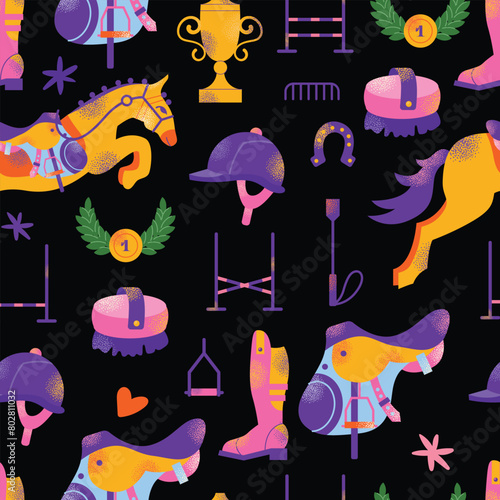 Equestrian sport gear accessories seamless pattern, stuff equipment for horse riding, Jockey rider clothing. Uniform, horseshoes, saddle, animal harness for racing competition vector illustration
