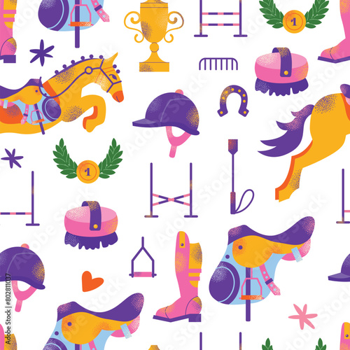 Equestrian sport gear accessories seamless pattern, stuff equipment for horse riding, Jockey rider clothing. Uniform, horseshoes, saddle, animal harness for racing competition vector illustration