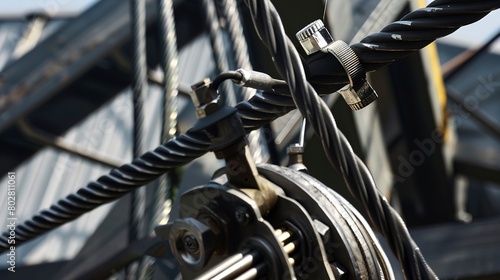 Close-up of a bridge cable being tensioned, detailed view of cable strands and tension meter - photo