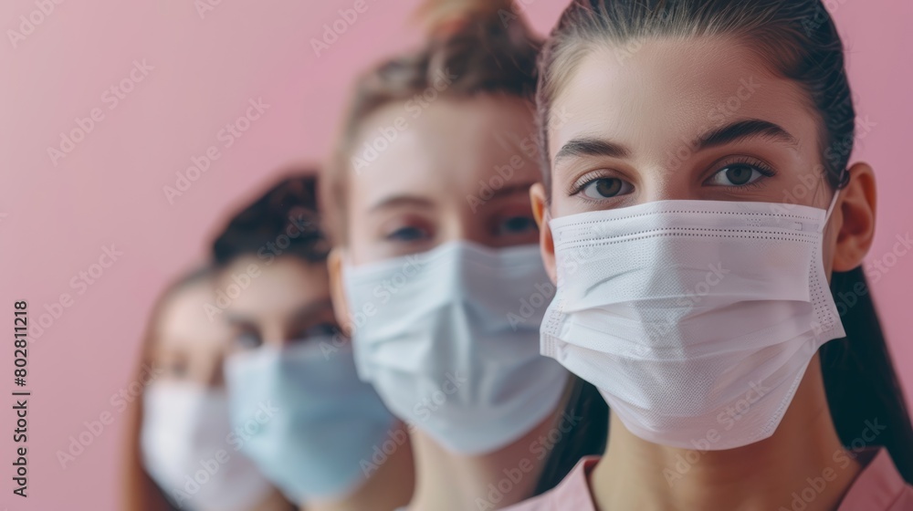 Close-up of people in masks showing community solidarity, set against a soft pink background, ideal for public health campaigns Close-up of people in masks showing community solidarity, set against a soft pink background, ideal for public health campaigns